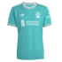 Turquoise Liverpool FC Adidas football jersey with white logos, crest, and sponsors. Features striped black and white collar and sleeve cuffs.