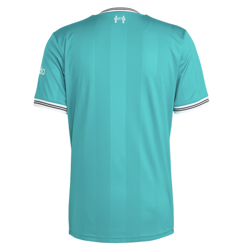 Back view of a teal soccer jersey with tonal vertical stripes. Features white and black striped trim on the collar and cuffs, and a small "97" memorial logo at the nape.