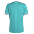 Back view of a teal soccer jersey with tonal vertical stripes. Features white and black striped trim on the collar and cuffs, and a small "97" memorial logo at the nape.
