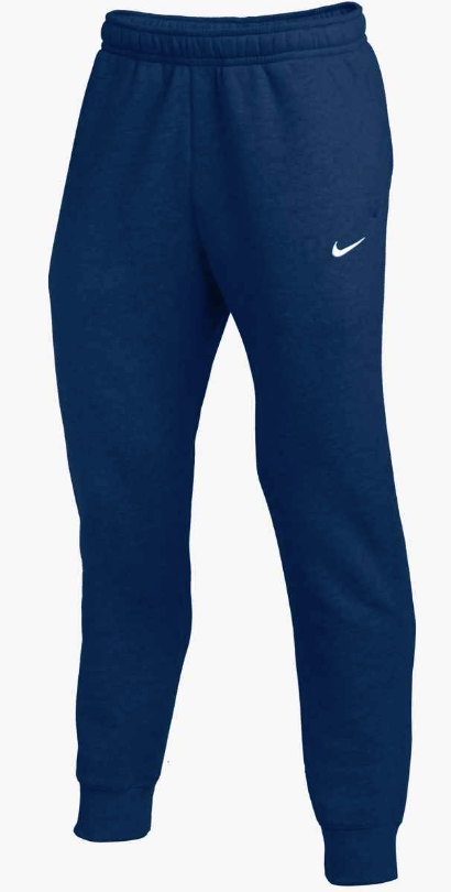 Heathered dark blue Nike sweatpants with an elastic waistband, ankle cuffs, and a small white Nike logo on the left thigh, shown against a plain white background.