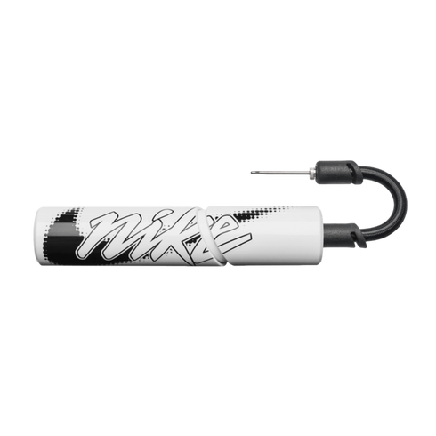 Compact white Nike ball pump with graffiti-style branding, a black hose, and a needle on a black background.