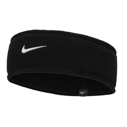 A black fleece Nike headband with a white swoosh logo on the front, set against a black background.