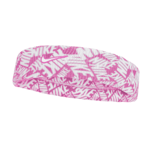 Pink and white Nike headband featuring an all-over repeating "NIKE" text pattern and a centered embroidered Nike swoosh logo.