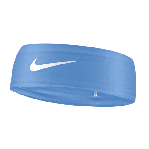 Light blue Nike headband featuring a white swoosh logo, shown against a solid black background.