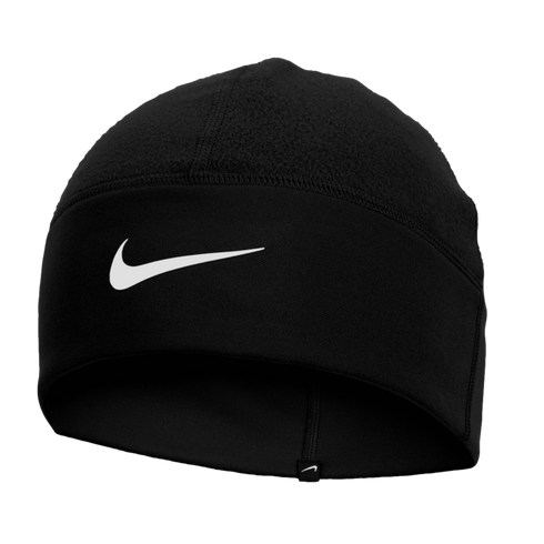 A black Nike performance beanie featuring a white swoosh logo centered on the front band.