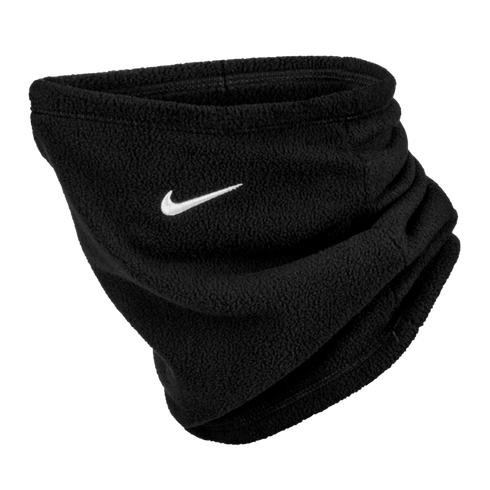 A black fleece Nike neck warmer with a white embroidered swoosh logo on the front, set against a solid black background.