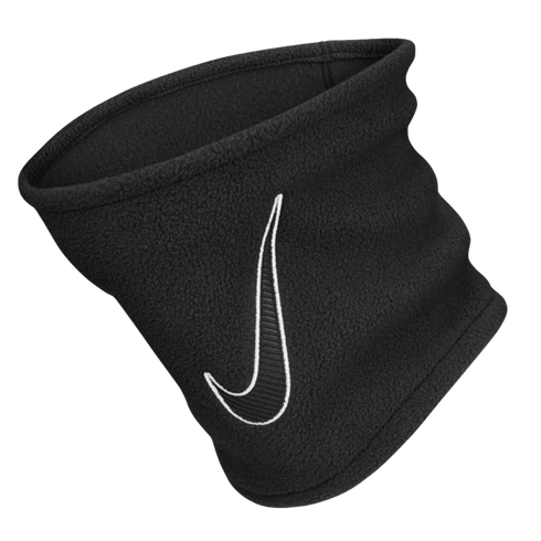 A black fleece Nike neck gaiter with a white swoosh logo outline.