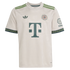 Off-white FC Bayern Munich soccer jersey with green accents, featuring an Adidas trefoil, club crest, and large "T" sponsor logo. Tonal patterns cover the fabric.