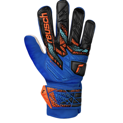 Blue Reusch goalkeeper glove with black, orange, and light blue geometric patterns on the backhand and wrist strap.