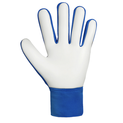 A white and blue goalkeeper glove featuring a white palm and blue wristband, displayed against a solid black background.