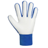 A white and blue goalkeeper glove featuring a white palm and blue wristband, displayed against a solid black background.