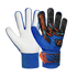 A pair of Reusch goalkeeper gloves with a white latex palm and a blue, orange, and black patterned backhand, shown against a black background.