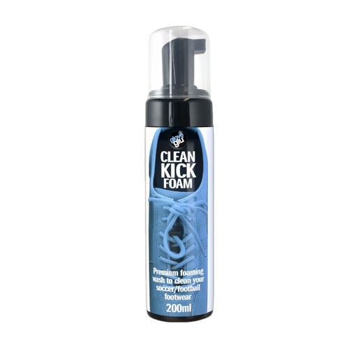 200ml bottle of gloveglu Clean Kick Foam soccer footwear wash with a black pump dispenser and a blue label featuring a blue cleat.