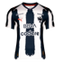Monterrey FC home jersey with navy and white vertical stripes featuring brushstroke edges. Displays the club crest, red Puma logo, and BBVA and Codere sponsors.