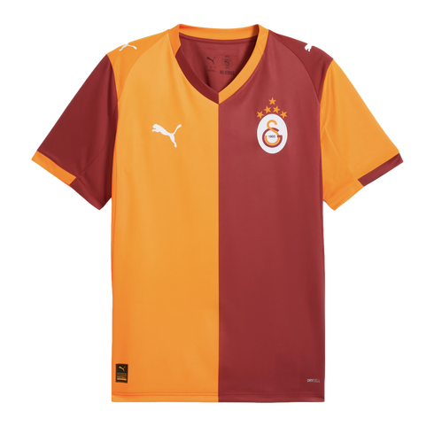 Puma Galatasaray 2024-25 home jersey with a half-and-half maroon and orange design, contrasting sleeves, white Puma logos, and the club crest with four gold stars.