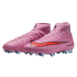A pair of pink Nike Air Zoom Mercurial soccer cleats with high-top collars and red Swoosh logos, set against a black background.