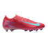 Side profile of a vibrant pink Nike soccer cleat featuring a light blue swoosh and "AIR ZOOM" branding on the heel.