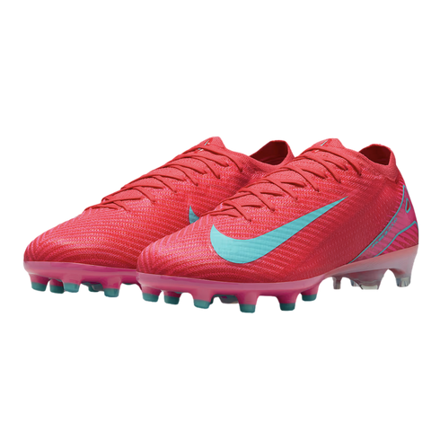 A pair of bright red Nike Mercurial Air Zoom soccer cleats with a teal swoosh and multicolored studs on a black background.