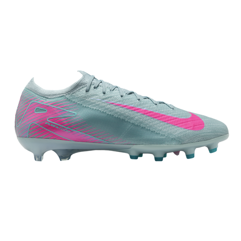 Profile view of a light blue Nike Air Zoom Mercurial soccer cleat with a bright pink swoosh and accents on a black background.