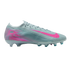 Profile view of a light blue Nike Air Zoom Mercurial soccer cleat with a bright pink swoosh and accents on a black background.