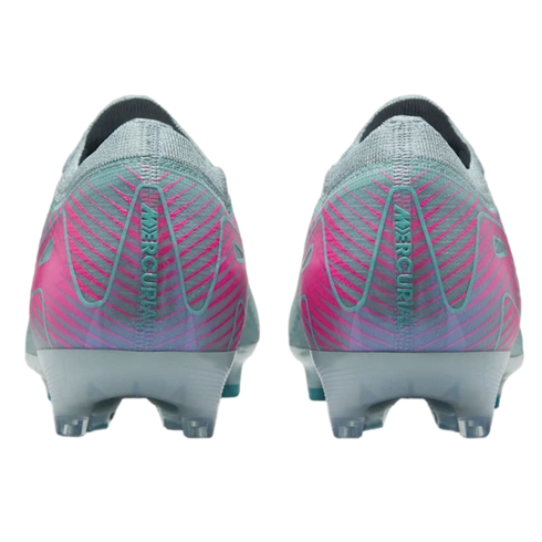 Back view of gray Nike Mercurial soccer cleats featuring pink and teal accents and vertical branding on the heels.