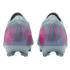 Back view of gray Nike Mercurial soccer cleats featuring pink and teal accents and vertical branding on the heels.