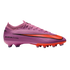 A purple Nike Air Zoom Mercurial soccer cleat with a large bright orange swoosh and matching studs, shown in profile against a black background.