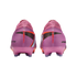 Back view of two pink and purple Nike Mercurial soccer cleats with black and orange accents on a black background.