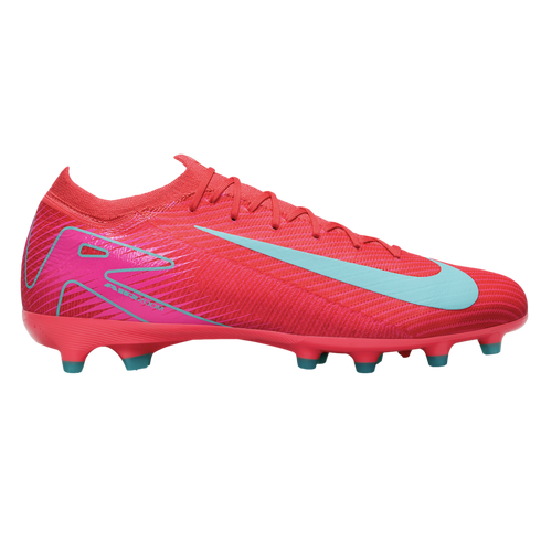 A pink Nike Air Zoom Mercurial soccer cleat with light blue accents, shown in side profile against a black background.