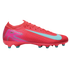A pink Nike Air Zoom Mercurial soccer cleat with light blue accents, shown in side profile against a black background.