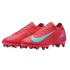 A pair of bright red Nike soccer cleats with light blue swooshes and red-studded soles.