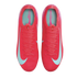Top-down view of a pair of vibrant pink Nike Mercurial soccer boots with light blue accents, set against a solid black background.