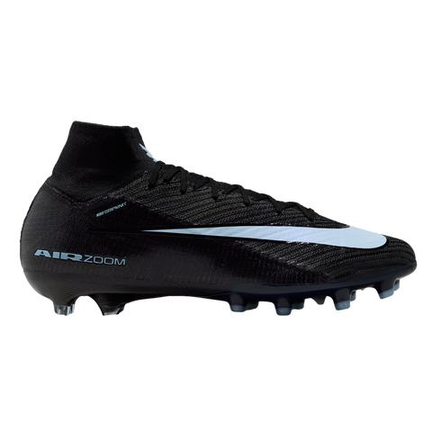 Profile view of a black Nike soccer cleat with a light blue swoosh, high-top knit collar, and "AIR ZOOM" branding on the heel.