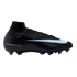 Profile view of a black Nike soccer cleat with a light blue swoosh, high-top knit collar, and "AIR ZOOM" branding on the heel.
