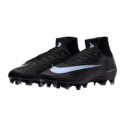 A pair of black Nike Mercurial soccer cleats featuring light blue Nike swooshes and high-top ankle collars.