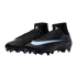 A pair of black Nike Mercurial soccer cleats featuring light blue Nike swooshes and high-top ankle collars.