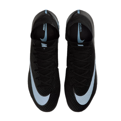 Top-down view of a pair of black Nike Mercurial soccer cleats with light blue swoosh logos on a black background.