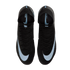 Top-down view of a pair of black Nike Mercurial soccer cleats with light blue swoosh logos on a black background.