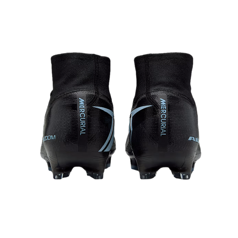 Rear view of two black soccer cleats with high-top collars and light blue 'MERCURIAL' branding on the heels, displayed against a black background.