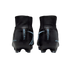 Rear view of two black soccer cleats with high-top collars and light blue 'MERCURIAL' branding on the heels, displayed against a black background.