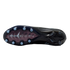 Bottom view of a black Nike soccer cleat with light blue circular studs. A translucent pink window on the sole displays the text "AIR ZOOM" in silver.