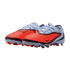 A pair of Nike Phantom Venom soccer cleats with a vibrant orange forefoot, light blue heel, and burgundy accents against a black background.