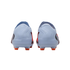 Rear view of a pair of light blue soccer cleats with bright orange studs, set against a solid black background.