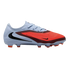 Side profile of a Nike soccer cleat featuring a light blue upper, a bright orange textured forefoot strike zone, and black Swoosh logos.