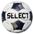 A white SELECT Brillant Super soccer ball with textured panels featuring black and blue circular patterns and blue linear accents.