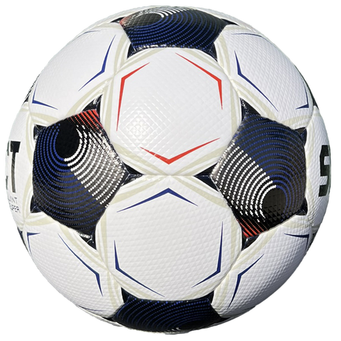A textured white soccer ball with black, blue, and red geometric designs against a black background.