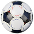 A textured white soccer ball with black, blue, and red geometric designs against a black background.