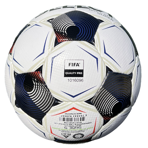 White Select Brillant Super soccer ball with blue and black graphics and a FIFA Quality Pro logo.