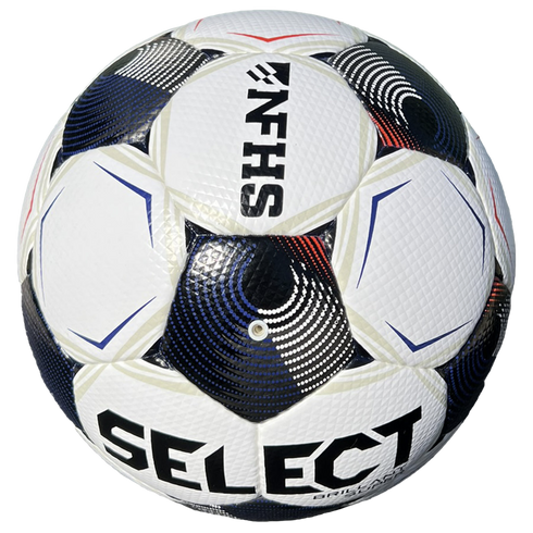 A white Select brand soccer ball featuring textured panels, black and blue geometric patterns, and the NFHS logo.