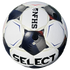 A white Select brand soccer ball featuring textured panels, black and blue geometric patterns, and the NFHS logo.